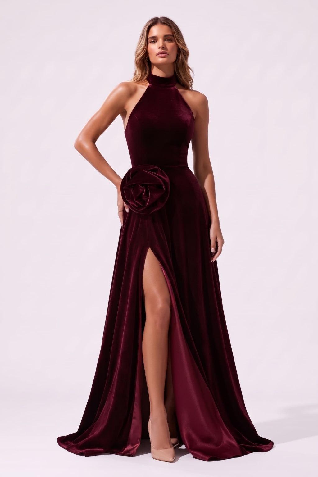 A-Line Floor Length Velvet Special Occasion Dress CS1095 - Wine - COCOMELODY